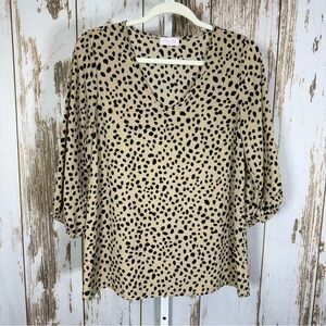 Pink Lily, Spotted V-Neck Blouse. Size Small. Couple of minor pulls as shown.